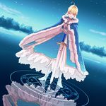  ahoge alternate_legwear armor armored_dress artoria_pendragon_(all) blonde_hair blue_cape cape closed_eyes excalibur fate/stay_night fate_(series) fur_trim gauntlets high_heels highres holding holding_weapon magic_circle reflection ro96cu saber solo standing sword weapon 