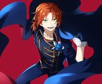  blue_flower blue_rose cape ensemble_stars! flower green_eyes highres male_focus matsuhaya_senju orange_hair rose solo tsukinaga_leo 