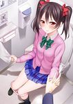  bathroom black_hair blush bow bow_panties cardigan hair_ribbon holding_hands love_live! love_live!_school_idol_project otonokizaka_school_uniform out_of_frame panties panty_pull pink_panties plaid plaid_skirt pleated_skirt pov pov_hands red_eyes ribbon school_uniform sitting skirt solo_focus suzume_miku sweat toilet toilet_paper toilet_use twintails underwear yazawa_nico 