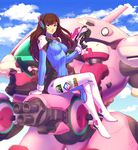  blue_sky bodysuit d.va_(overwatch) gun looking_at_viewer mech overwatch shunkaku sitting solo weapon 