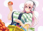  absurdres blush breasts covered_nipples headphones highres large_breasts long_hair milk_carton nitroplus pink_background pink_eyes pink_hair polka_dot polka_dot_background shirt shopping_basket sleeves_rolled_up smile solo striped striped_shirt super_sonico tomato tsuji_santa 
