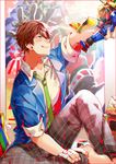  :d ;d action_figure bandaged_fingers bandages barefoot blazer brown_hair ensemble_stars! green_neckwear jacket ji_yu looking_up male_focus morisawa_chiaki necktie one_eye_closed open_clothes open_jacket open_mouth pants plaid plaid_pants poster_(object) school_uniform sitting sleeves_folded_up sleeves_pushed_up smile solo sparkle yumenosaki_school_uniform 