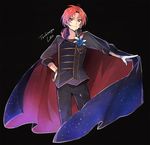  black_background blue_flower blue_rose cape character_name ensemble_stars! fang flower gloves green_eyes looking_at_viewer male_focus red_hair rose solo sparkle tama_(songe) tsukinaga_leo white_gloves 