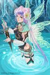  fairy_wings flower green_eyes hair_flower hair_ornament highres joey_koguma long_hair official_art pointy_ears purple_hair smile solo sword venus_blade wading weapon wings 