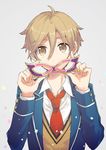  ahoge brown_eyes brown_hair buttons confetti covered_mouth domino_mask ensemble_stars! grey_background male_focus mashiro_tomoya mask necktie niimura_(csnel) red_neckwear school_uniform solo yumenosaki_school_uniform 