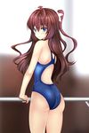  ass blue_eyes brown_hair competition_swimsuit ichinose_shiki idolmaster idolmaster_cinderella_girls long_hair looking_at_viewer looking_back one-piece_swimsuit shima-shuu smile solo swimsuit two_side_up 