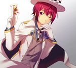  ;) alternate_costume bad_id bad_pixiv_id blue_flower blue_rose cape card checkered ensemble_stars! flower gloves hat holding holding_card light_smile male_focus mi_(hixi816) one_eye_closed pink_hair purple_eyes red_hair rose smile solo suou_tsukasa top_hat white_gloves 