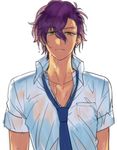  blue_neckwear dark_skin dark_skinned_male earrings ensemble_stars! jewelry looking_down male_focus necktie otogari_adonis purple_hair school_uniform solo tubuan_oisii wet wet_hair yellow_eyes yumenosaki_school_uniform 