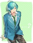  ahoge aqua_hair blazer blue_hair eighth_note ensemble_stars! from_above green_background green_neckwear jacket looking_at_viewer looking_up male_focus musical_note necktie pants plaid plaid_pants school_uniform shinkai_kanata smile solo striped striped_background tubuan_oisii yumenosaki_school_uniform 