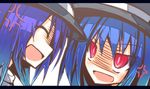  :d anger_vein black_hat blue_hair hat hat_ribbon hinanawi_tenshi ichiyan letterboxed multiple_girls nagae_iku open_mouth portrait red_eyes ribbon smile touhou white_ribbon 