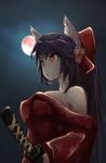  animal_ears beetarp black_hair bow breasts cat_ears hair_bow highres japanese_clothes katana kimono large_breasts long_hair moon noihara_himari off_shoulder omamori_himari ponytail red_eyes slit_pupils solo sword weapon 