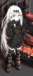  aircraft_carrier_water_oni armor armored_boots bad_id bad_pixiv_id black_dress black_gloves black_legwear boots breasts detached_sleeves dress gloves glowing hair_ornament highres kantai_collection knee_boots kuro-hero large_breasts long_hair looking_at_viewer machinery orange_eyes pointing pointing_at_self ribbed_dress sailor_dress shinkaisei-kan short_dress skirt smile solo thighhighs very_long_hair white_hair white_skin zettai_ryouiki 