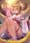  aguy animal_ears bad_id bad_pixiv_id bangs bare_shoulders between_breasts between_legs blonde_hair blurry breasts collar depth_of_field detached_sleeves fingernails fox_ears fox_tail from_below glowing hair_between_eyes large_breasts legs long_fingernails long_sleeves looking_at_viewer multiple_tails obi original red_ribbon ribbon ribbon-trimmed_clothes ribbon_trim sash shade short_hair sitting smile solo strapless tail thigh_strap wide_sleeves 