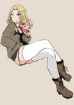  blonde_hair blue_eyes bomber_jacket boots coca-cola comic crossed_legs cup disposable_cup drinking_straw full_body girls_und_panzer hand_in_pocket highres jacket kani_aruki_(bucket_crawl) kay_(girls_und_panzer) long_hair military military_uniform open_clothes open_jacket parted_bangs saunders_military_uniform shorts sitting smile thighhighs uniform 