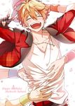  akehoshi_subaru armband blush character_name closed_eyes confetti disembodied_limb ensemble_stars! happy_birthday hat highres jewelry male_focus necklace open_mouth smile solo togame_(grazie) v 