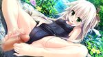  barefoot blush cameltoe censored clochette erect_nipples flowers footjob game_cg green_eyes hotaruzuka_yuno koko_kara_natsu_no_innocence! leaves long_hair penis school_swimsuit sesena_yau spread_legs swimsuit water wet white_hair 