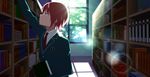  book bookshelf diffraction_spikes ensemble_stars! kyu lens_flare library male_focus necktie reaching red_hair red_neckwear school_uniform solo suou_tsukasa yumenosaki_school_uniform 