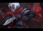  3four cape dark_skin dark_skinned_male emiya_kiritsugu emiya_kiritsugu_(assassin) fate/grand_order fate_(series) gloves hood knife male_focus solo white_hair 