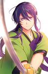  blurry depth_of_field ensemble_stars! holding holding_weapon japanese_clothes kanzaki_souma kimono long_hair looking_at_viewer male_focus ponytail purple_hair simple_background solo sword tasuki tubuan_oisii upper_body weapon white_background 