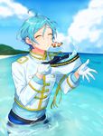  aqua_hair blue_hair closed_eyes cloud clownfish day ensemble_stars! gloves half_gloves male_focus military military_uniform naval_uniform ocean outdoors puckered_lips sash shiman shinkai_kanata sky sparkle uniform water wet wet_hair white_gloves 