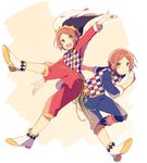  2wink aoi_hinata aoi_yuuta bad_id bad_pixiv_id brothers diamond_(shape) ensemble_stars! green_eyes hat jester jester_cap looking_to_the_side male_focus mi_(hixi816) multiple_boys open_mouth orange_hair siblings smile twins 