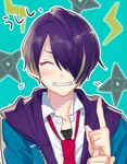  black_hair blonde_hair blue_background blush closed_eyes ensemble_stars! hair_over_one_eye hood lightning_bolt male_focus multicolored_hair necktie red_neckwear sengoku_shinobu shuriken smile solo streaked_hair tubuan_oisii upper_body yumenosaki_school_uniform 