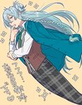  blazer blue_hair braid ensemble_stars! green_neckwear heart hibiki_wataru jacket long_hair looking_at_viewer male_focus necktie pants plaid plaid_pants school_uniform simple_background solo sparkle translation_request tubuan_oisii unmoving_pattern yumenosaki_school_uniform 