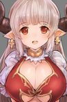  alicia_(granblue_fantasy) blush breasts center_opening cleavage draph dress earrings gloves granblue_fantasy highres horns jewelry large_breasts long_hair open_mouth pointy_ears red_eyes silver_hair simple_background smile solo u_rin white_background 