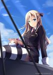  artist_name blonde_hair blue_eyes braid cat cloud day hair_ornament high_school_fleet isoroku_(haifuri) long_hair mimelex single_braid sitting sky striped striped_legwear thighhighs watermark web_address wilhelmina_braunschweig_ingenohl_friedeburg 