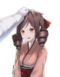  blush brown_hair disco_brando drill_hair hand_on_another's_head harukaze_(kantai_collection) highres kantai_collection looking_at_viewer open_mouth out_of_frame petting pov pov_hands red_eyes smile solo_focus twin_drills 