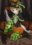  bad_id bad_pixiv_id blonde_hair boots earrings halloween halloween_costume hat highres idolmaster idolmaster_side-m jewelry male_focus nail_polish niki_(nikism1987) pantyhose pierre_(idolmaster) pumpkin pumpkin_pants purple_eyes solo torn_clothes torn_legwear wand witch_hat 