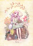  anklet bad_id bad_pixiv_id bare_legs barefoot barefoot_sandals blush cat crate dress feet flower jewelry long_hair megumu original pink_hair plant sitting solo toe_ring wheel 