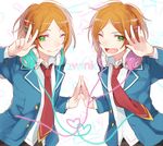  ;) aoi_hinata aoi_yuuta brothers ensemble_stars! fang green_eyes hands_together headphones heart highres jacket looking_at_viewer male_focus multiple_boys necktie one_eye_closed open_clothes open_jacket orange_hair red_neckwear school_uniform siblings smile twins yakusuke yumenosaki_school_uniform 