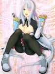  aqua_eyes breasts high_school_dxd large_breasts long_hair nipples panties pantyhose rossweisse silver_hair sitting smile solo 