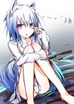 :o alternate_costume animal_ears crying crying_with_eyes_open ichiyan inubashiri_momiji knees_to_chest knees_together_feet_apart leg_hug long_sleeves looking_at_viewer red_eyes shirt short_hair silver_hair sitting solo tail tears touhou white_shirt wiping_tears wolf_ears wolf_tail 