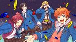  akehoshi_subaru black_hair blazer blonde_hair blue_eyes blue_neckwear ensemble_stars! from_above gem glasses green_eyes hidaka_hokuto isara_mao jacket komatsu_matsuko male_focus multiple_boys necktie pants pink_hair plaid plaid_pants red_hair school_uniform short_hair smile trickstar yumenosaki_school_uniform yuuki_makoto_(ensemble_stars!) 