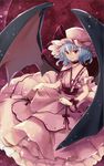  bangs bat_wings blue_hair choker dress dress_lift eyebrows eyebrows_visible_through_hair hat hat_ribbon highres mob_cap pink_dress puffy_short_sleeves puffy_sleeves red_eyes red_ribbon remilia_scarlet ribbon sash short_sleeves smile solo touhou wings wrist_ribbon yuki_(popopo) 