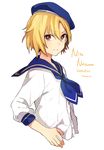  blonde_hair character_name ensemble_stars! hat looking_at_viewer male_focus nito_nazuna sailor sailor_hat simple_background solo tama_(songe) white_background 