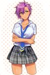  breasts cleavage cropped_legs crossed_arms dark_skin ensemble_stars! genderswap genderswap_(mtf) large_breasts looking_to_the_side otogari_adonis parted_lips plaid plaid_skirt purple_hair school_uniform shiny shiny_skin skirt solo tubuan_oisii yellow_eyes 