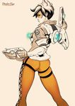  artist_name ass beige_background black_hair bodysuit brown_eyes brown_gloves closed_mouth contrapposto cowboy_shot dandon_fuga dual_wielding from_behind gloves glowing goggles goggles_on_head gun holding holding_gun holding_weapon light_smile lips orange_bodysuit overwatch profile short_hair simple_background sketch skin_tight solo standing thigh_strap tracer_(overwatch) uniform watermark weapon web_address 