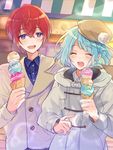  blue_hair blush closed_eyes ensemble_stars! food ice_cream ice_cream_cone male_focus multiple_boys pink_hair purple_eyes shino_hajime smile suou_tsukasa tamano_mayo 