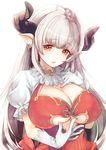  alicia_(granblue_fantasy) blush breasts center_opening cleavage draph dress earrings gloves granblue_fantasy horns huge_breasts jewelry long_hair namanie open_mouth pointy_ears red_eyes silver_hair simple_background smile solo white_background white_gloves 