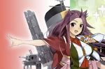  blouse boushi-ya commentary_request jacket japanese_clothes jpeg_artifacts jun'you_(kantai_collection) kantai_collection kimono long_hair looking_at_viewer magatama obi outstretched_arm parted_bangs purple_eyes purple_hair rigging sash shikigami smile spiked_hair split_screen wide_sleeves 