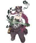  1girl animal_costume asymmetrical_hair bear_costume bear_mask belt bracelet braid breasts canister claws dorothy_(sinoalice) flower flower_necklace full_body fur glasses guitar hair_ornament hairclip hidden_face instrument jewelry ji_no large_breasts messy_hair midriff music navel necklace official_art over-rim_eyewear partially_undressed playing_instrument purple_hair semi-rimless_eyewear sinoalice smoke solo transparent_background twin_braids 