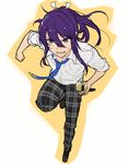  dress_shirt ensemble_stars! full_body hair_ribbon holding holding_weapon kanzaki_souma male_focus neck outline pants plaid plaid_pants ponytail purple_eyes purple_hair ribbon running shirt solo sweatdrop sword tubuan_oisii weapon yumenosaki_school_uniform 