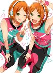  2wink :d ;) aoi_hinata aoi_yuuta armband ensemble_stars! green_eyes hand_on_own_knee headphones licking_lips masaki_(celesta) multiple_boys one_eye_closed open_mouth orange_hair puffy_pants short_hair siblings sleeveless smile tongue tongue_out triangle twins v 