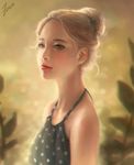  artist_name bad_id bad_pixiv_id bare_shoulders blonde_hair blue_eyes blurry blurry_background bokeh bow breasts closed_mouth collarbone depth_of_field devin_lee dudou eyelashes hair_bow hair_bun halterneck lips medium_breasts original polka_dot realistic red_lips signature solo upper_body 