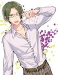  belt dress_shirt ensemble_stars! glasses green_eyes green_hair hasumi_keito male_focus one_eye_closed pants plaid plaid_pants school_uniform shirt solo tubuan_oisii yumenosaki_school_uniform 