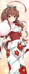  ahoge bow brown_eyes brown_hair cotton_candy floral_background floral_print hair_bow hand_up highres japanese_clothes kantai_collection kimono kuma_(kantai_collection) long_hair looking_at_viewer masayo_(gin_no_ame) ribbon smile solo water_balloon 