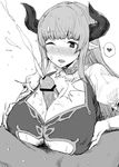  1girl alicia_(granblue_fantasy) blush breasts cleavage cum dress earrings ejaculation erection gloves granblue_fantasy horns jewelry large_breasts long_hair monochrome namanie open_mouth paizuri penis pointy_ears pubic_hair red_eyes silver_hair simple_background smile solo white_background white_gloves 